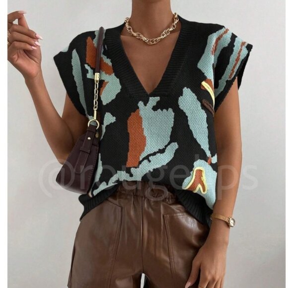 Women's Black Knit Sleeveless Sweater Vest V-Neck Graphic Abstract Pattern - Picture 1 of 7